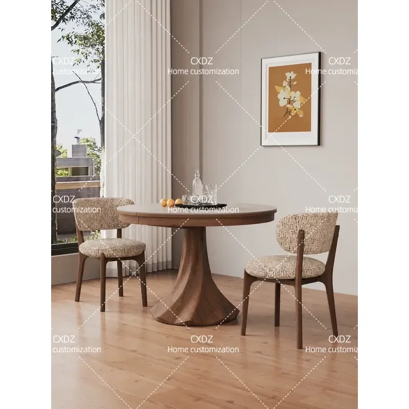 Travertine Rock Slab Solid Wood Telescopic Round Dining Table Oval Folding Extendable Walnut Table for Small Apartment