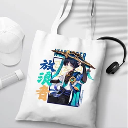 Genshin Impact Scaramouche Bolsas de compras con estampado Bolso de mano de dibujos animados Bolsos de lona para mujer Bolso ecológico