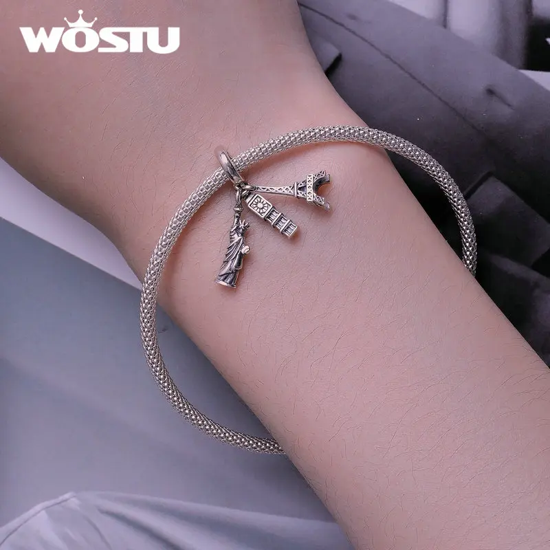 WOSTU Retro 925 Sterling Silver Travel World Eiffel Tower Charms Big Ben Pendant Vintage Elephant Bead Fit DIY Bracelet Necklace