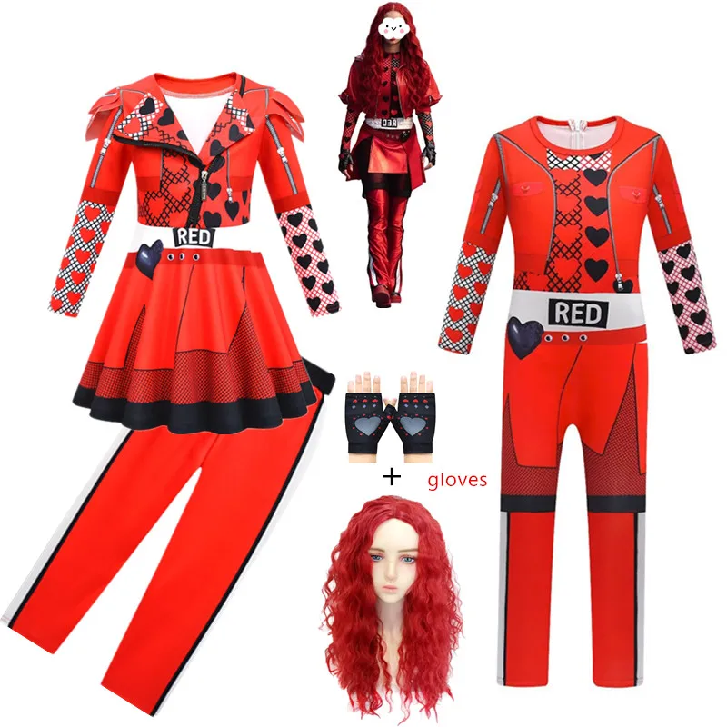 Kids Rise of Red Costume for Girls D-Descendants Red Chloe Cosplay Costume Kid Fancy Dress Pants Wig Set Halloween Girls Clothes