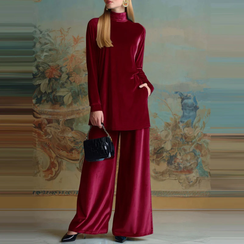 خريف جديد إمرأة الصلبة قطعتين مزاجه المخملية فضفاضة تخفيف وتتسابق أنيقة س الرقبة طويلة الأكمام البلوفرات وسراويل جيب مجموعات