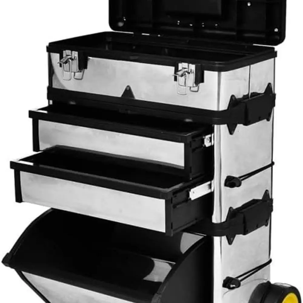 

Черный мобильный ящик для инструментов с 3 ящиками, колесиками и боковым хранилищем
