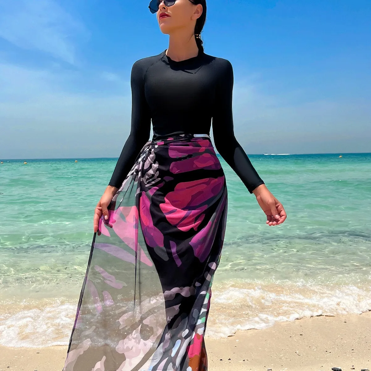 

New Burkini femmes Muslim beach swimwear long sleeve long belt gauze swimsuits Middle East conservative long print women swim