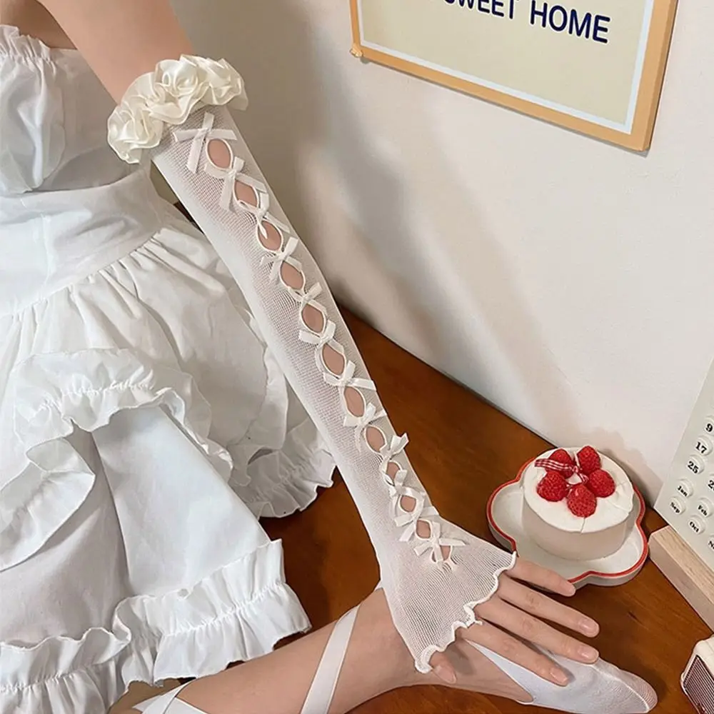 Nuovi guanti con fiocco in pizzo stile balletto JK Y2k Guanti da principessa in pizzo Lunghi Lolita da donna con maniche per protezione solare Puntelli Cosplay