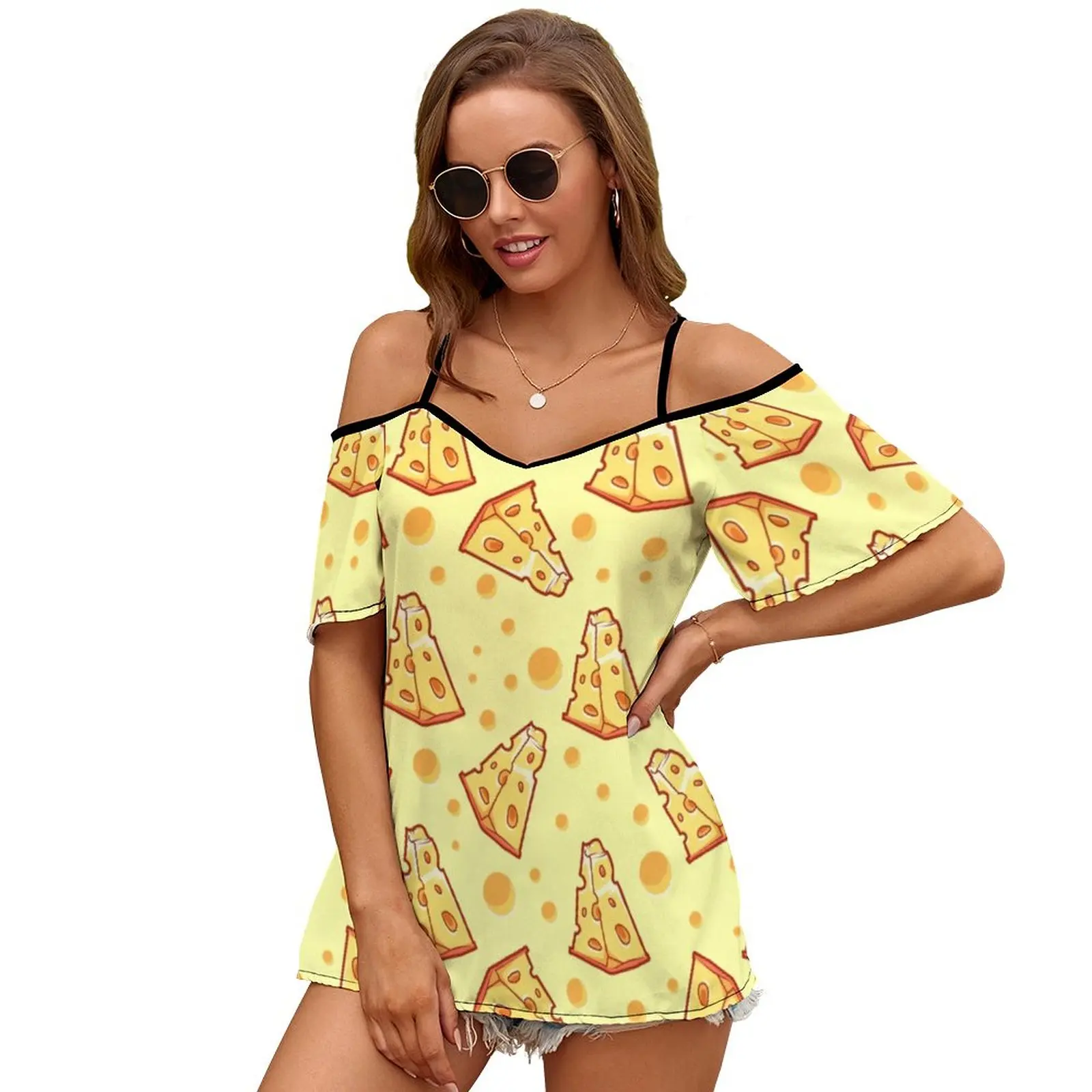 Pattern With A Slice Of Cheese On A Light Yellow Background Slit Sleeve Cold Shoulder Print Women T Shirt Casual Summer Tee