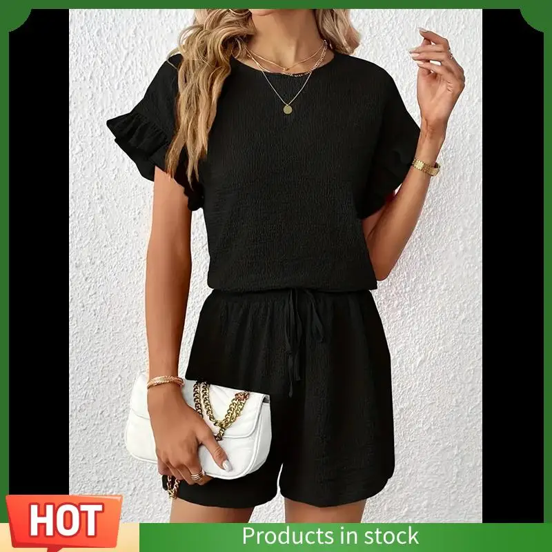 

Intuitive Women's 2 Piece Outfits Round Neck Ruffle Short Sleeve Top And Drawstring Shorts Set
