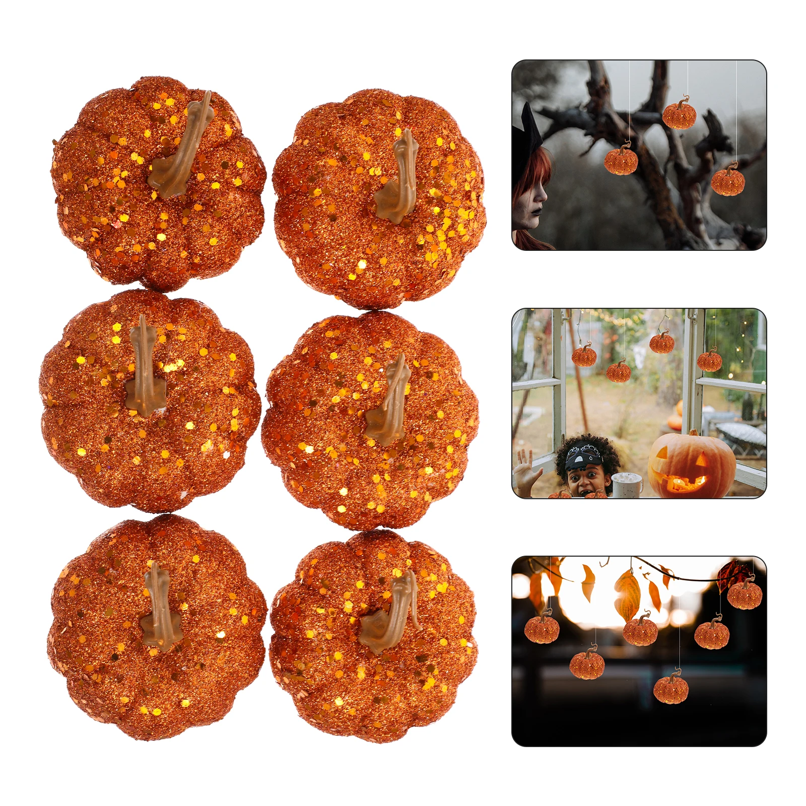 6pcs Simulated Foam Pumpkin Pendant Halloween Artificial Pumpkins Hanging Crafts Decorative Foams DIY Ornaments Sequined