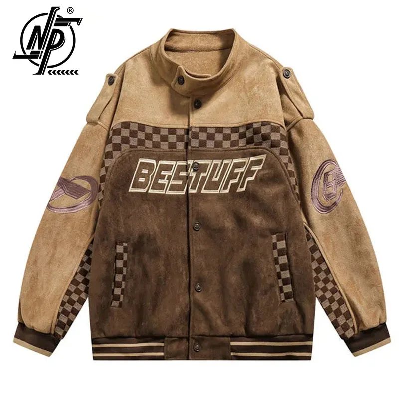 

Vintage Suede Bomber Jacket Men Women Letter Embroidery Loose Patchwork Cargo Coat Unisex Varsity Baseball Outwear Autumn