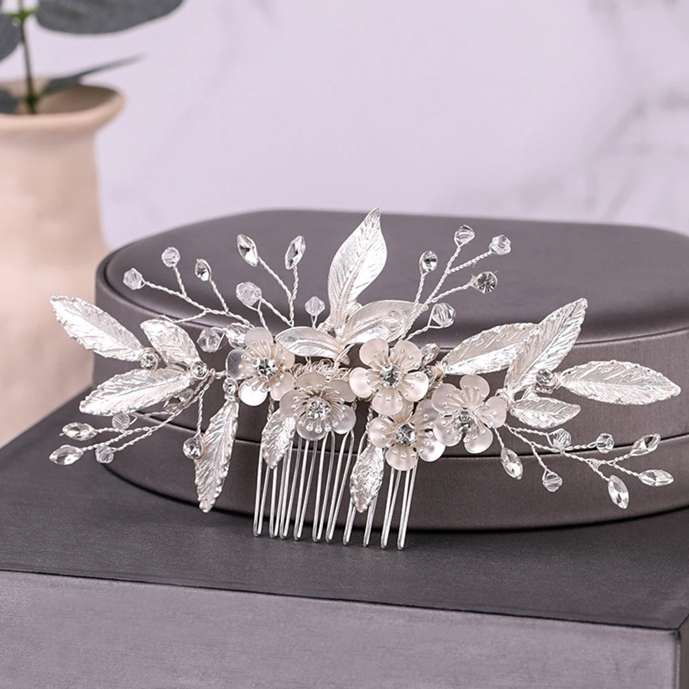 Bridal Handmade Flower Hair Comb Silver Crystals Messy Bun Maker Pearls Hair Piece for Birthday Stage Party Hairstyle Making