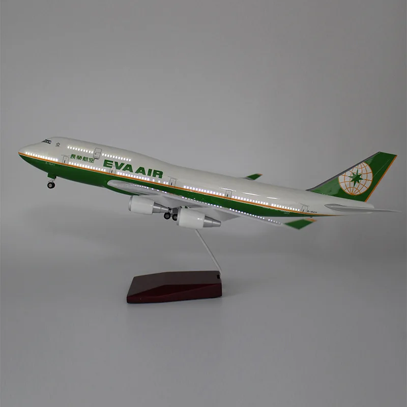 

47cm Die-Casting Airplane B747 EVA Airways Model Planes 1:150 Scale Aircraft Resin Assemble Gifts Toy With Light And Wooden Base