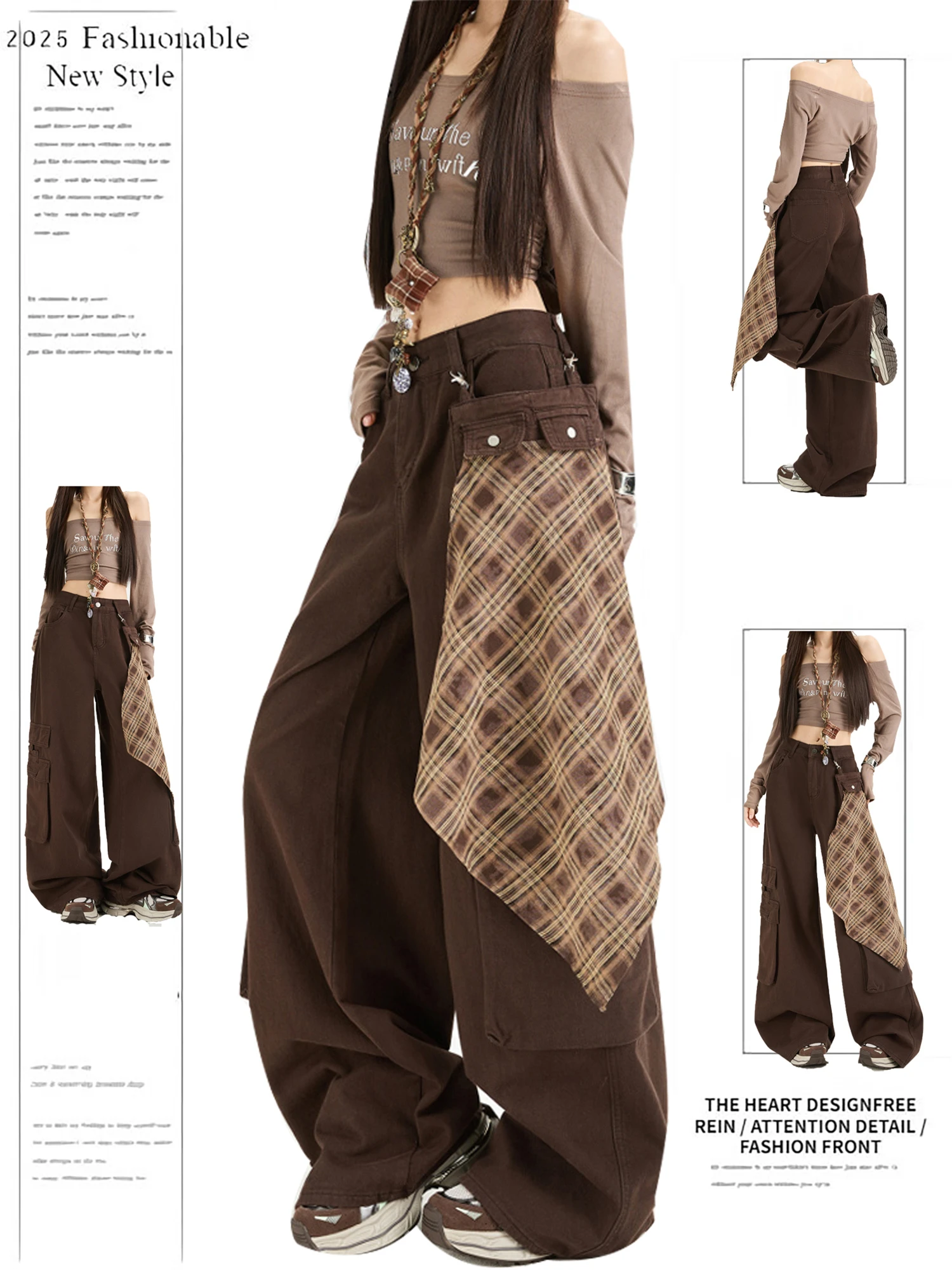 

Women's Denim Cargo Pants Fashion Plaid Patchwork Multiple Pockets High Waist Wide Leg Y2K Vintage Casual Streetwear Trousers