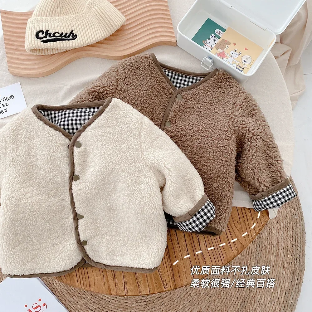 Baby Clothes Kids Fleece Coat 0-6 Years Old 2024 Autumn Winter Boys Thick Woolen Coat Girls Plaid Fashionable Casual Warm Coat