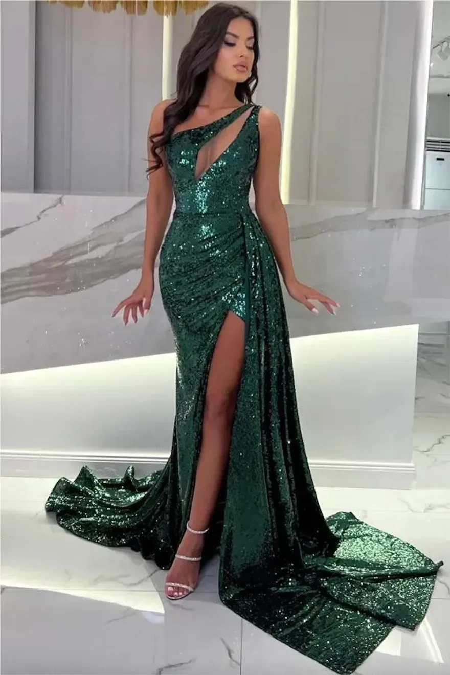 Dark Green Sequined Split Evening Dresses Sexy One Shoulder Keyhole Neck Mermaid Women Prom Party Gowns Arabic As Occasion Robes