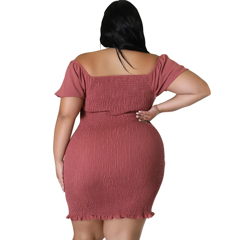 Summer Clothes Sexy Solid Color Plus Size Dresses for Women One Word Collar Mini Dress Hip Wrap Clubwear Wholesale Dropshipping