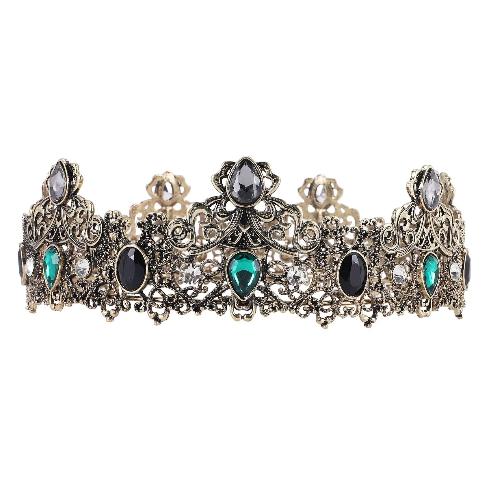 

King Crowns For Men Metal, Vintage Full Royal King Crowns With Green Rhinestone, Men's Birthday Tiaras,Prom Party Crowns