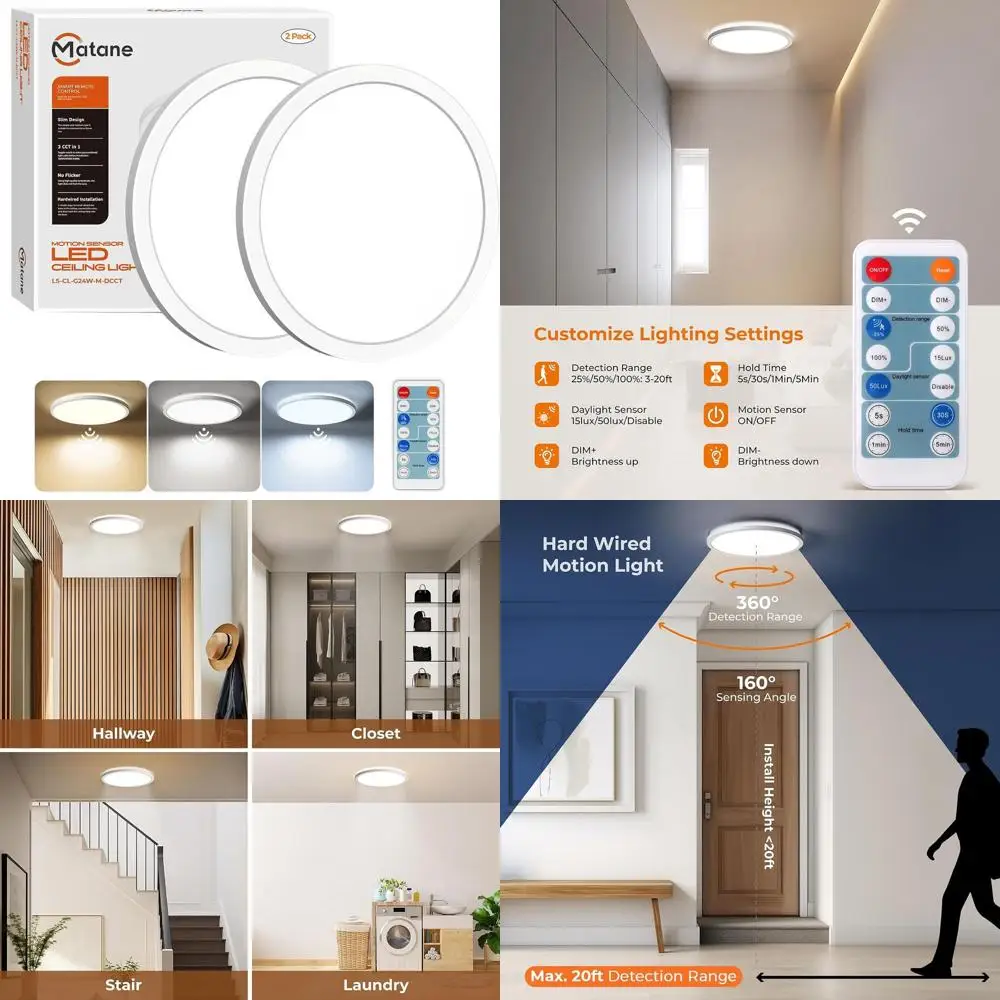 

12 Inch Wired Flush Mount LED Ceiling Light, 2-Pack with Remote, 3000K-5000K Adjustable Color Temperature, 2400LM Dimmable Motio