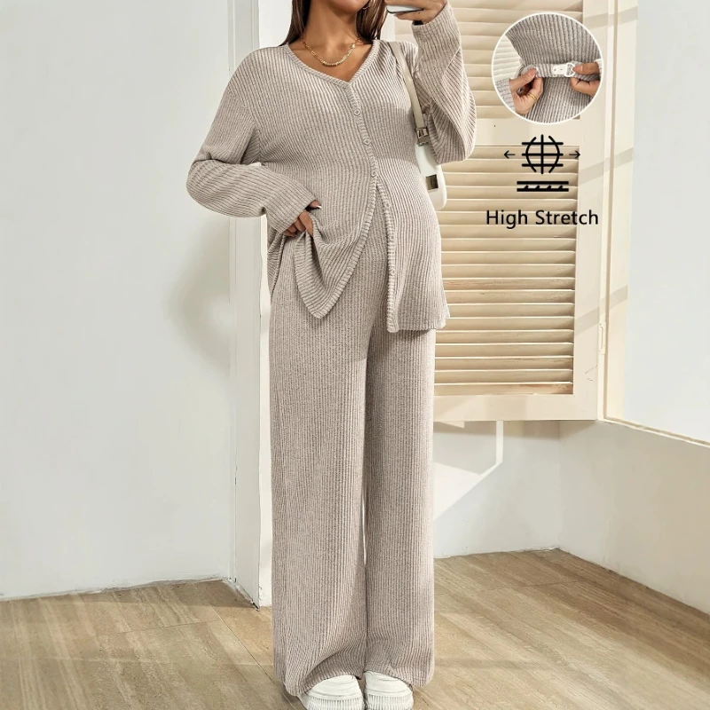 妊婦用2ピース秋冬ニットカーディガン-トップスと調節可能なウエストのカジュアルルーズパンツ-妊婦用セット