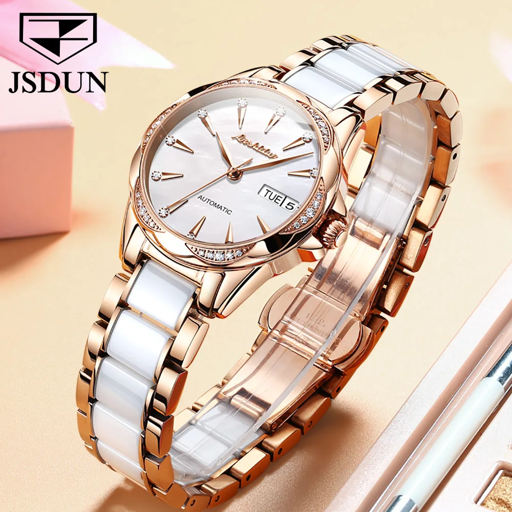 JSDUN-Relógio mecânico à prova d\'água Sapphire Lens para mulheres, design de diamante, presentes simples para mulher, marca superior, luxo, 50 m