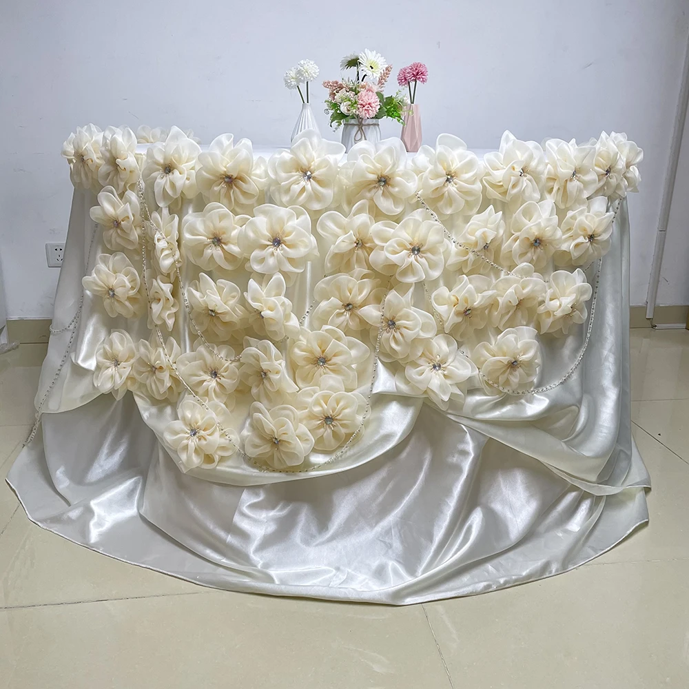 New Design with Flowers Table Skirting ,Customized Wedding Table Skirts Decoration