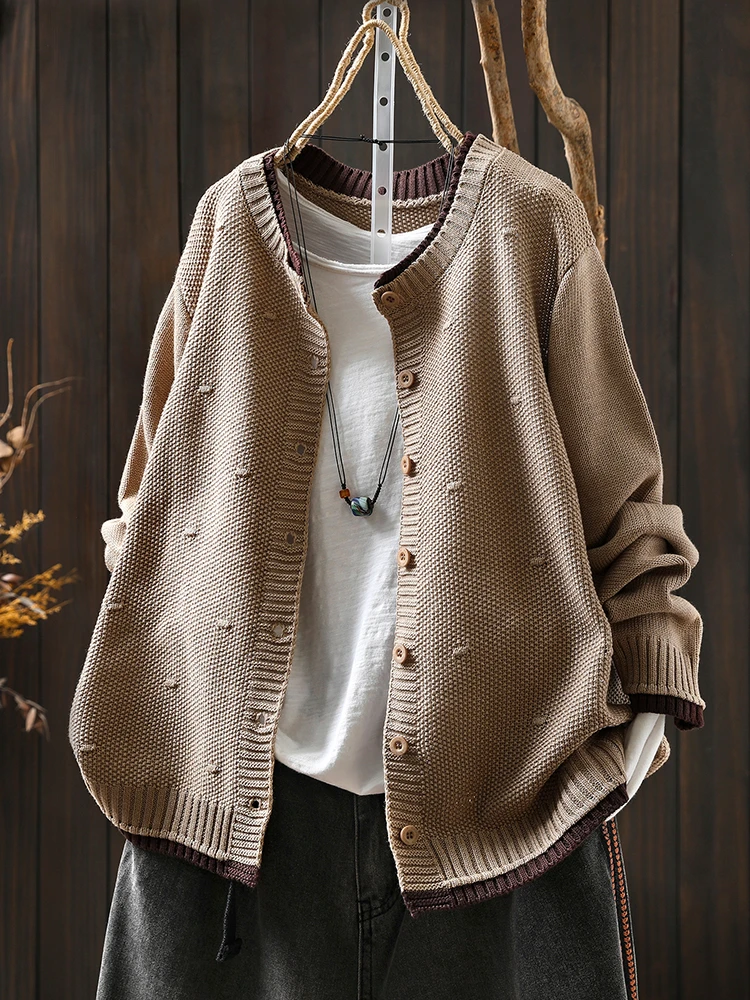 Women Long Sleeve Knitted Cardigan Coats New Arrival 2025 Autumn Simple Style O-neck Solid Color Female Casual Sweaters M2051