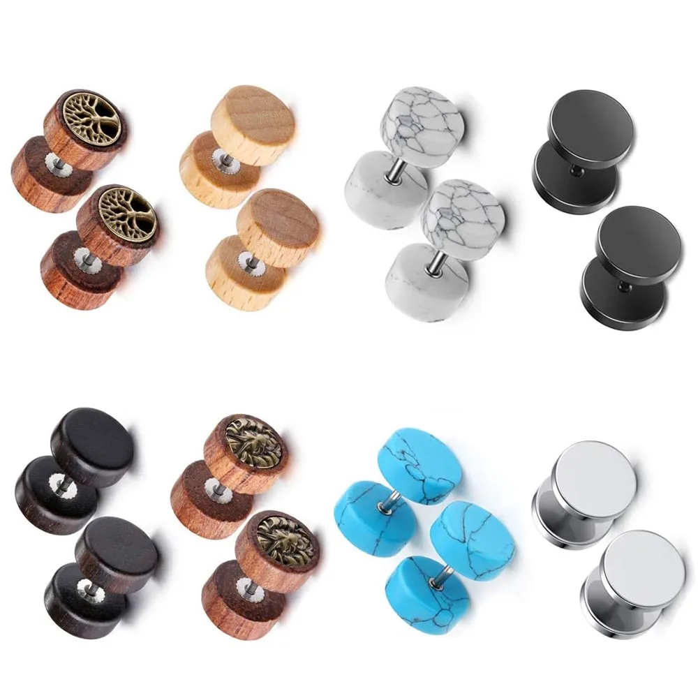 2 Paar 16G Holz Imitation Gauge Ohrringe Punk Stil Edelstahl Türkis Barbell Ohrstecker Piercing Schmuck – Detail 1