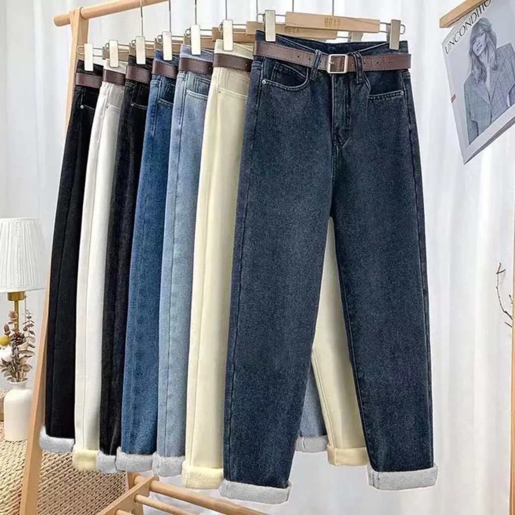 

Women's Fleece-lined Thickened High-waist Torre Jeans Korean-style Slimming Straight Cropped Radish Harem Pants for Autumn