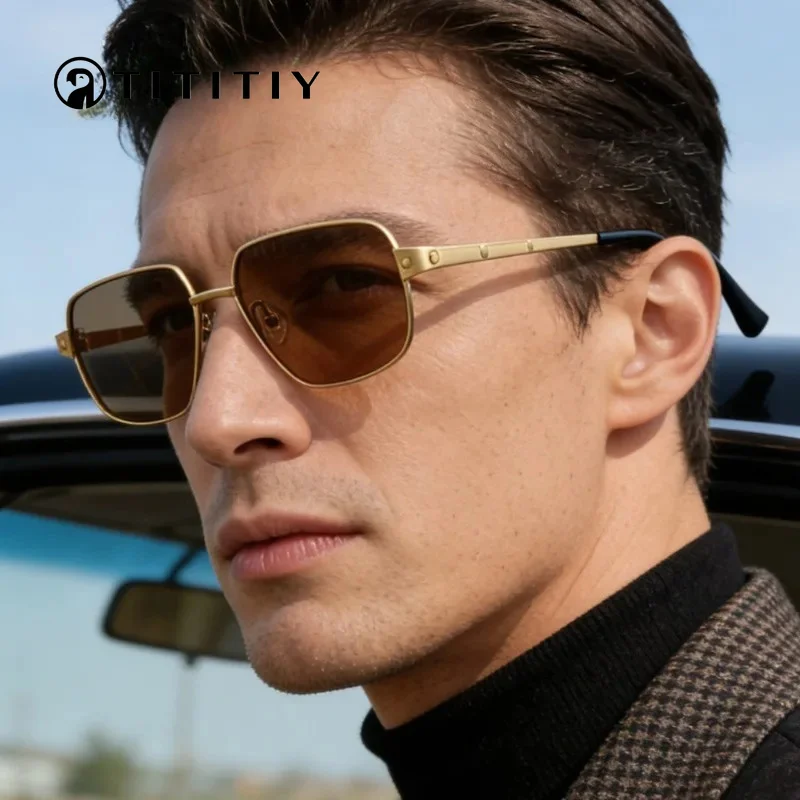 

New Ultra-light Pure Titanium Square Polarized Sunshade Summer Men Large Face Frame Fashion Driving Anti Glare Sunglasses UV400