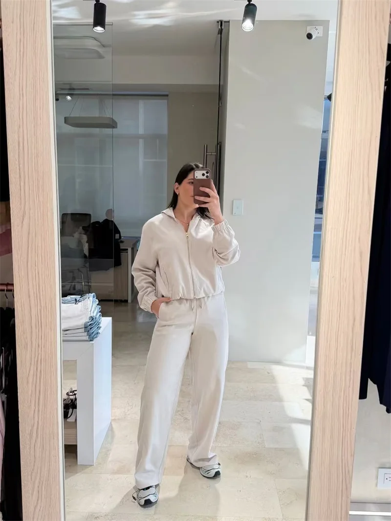 Guobioziy Women's Tracksuit Set 2026 Autumn New Zip‑Up Hooded Drawstring Crop Jacket Wide Leg Pant Trendy Two Piece Outfit