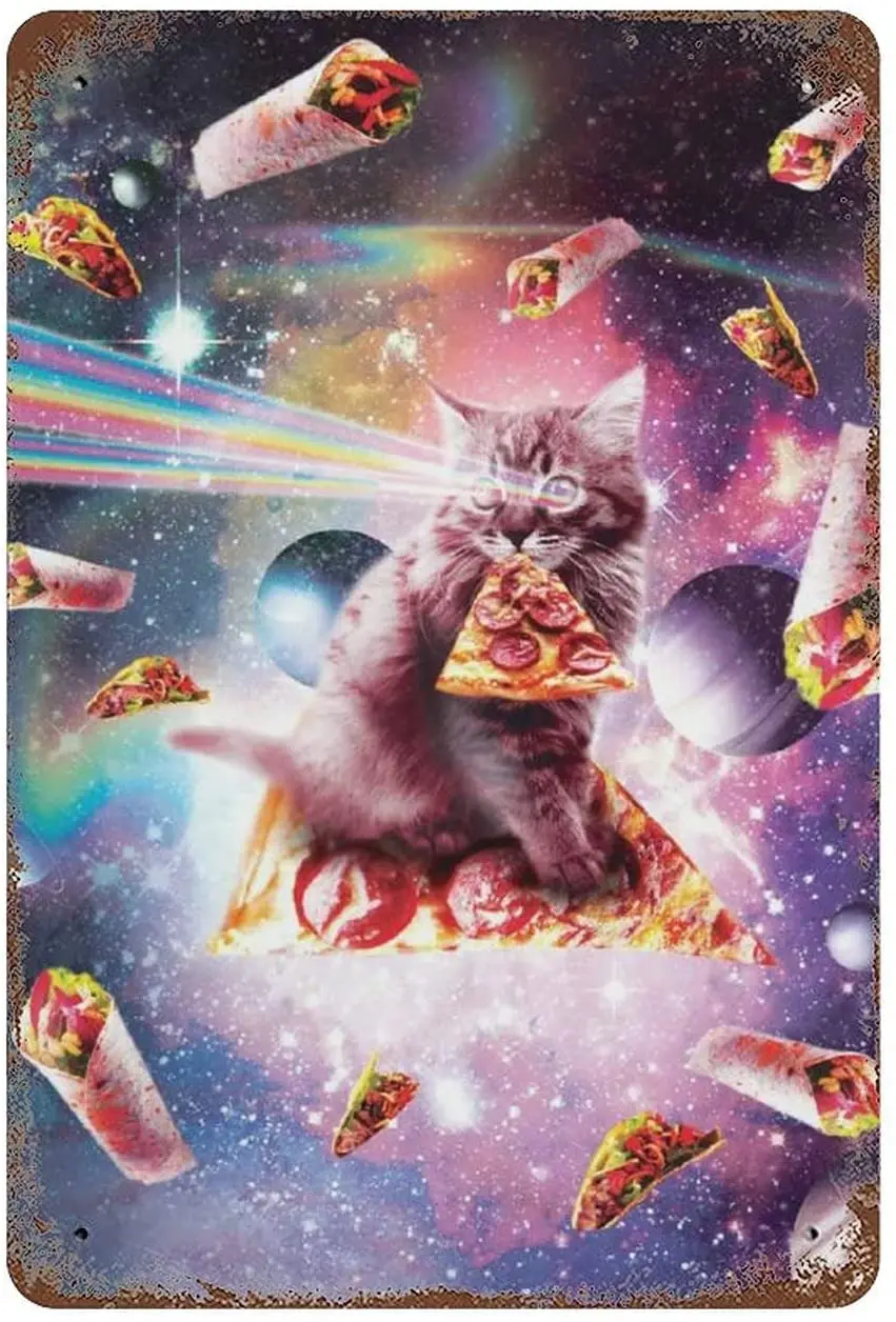 Nudquio Space Cat Riding Pizza Vintage Metal Signs Iron Plate Hanging Picture Wall Art for Home Garage Bar  Decoration sign
