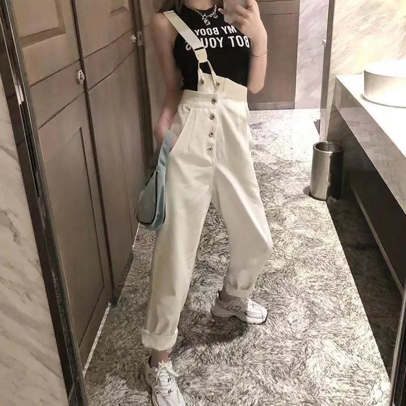 Versione coreana di bretelle in denim a vita alta e pantaloni lunghi per le donne Primavera ed estate Nuovi studenti Vestibilità ampia All-in-one