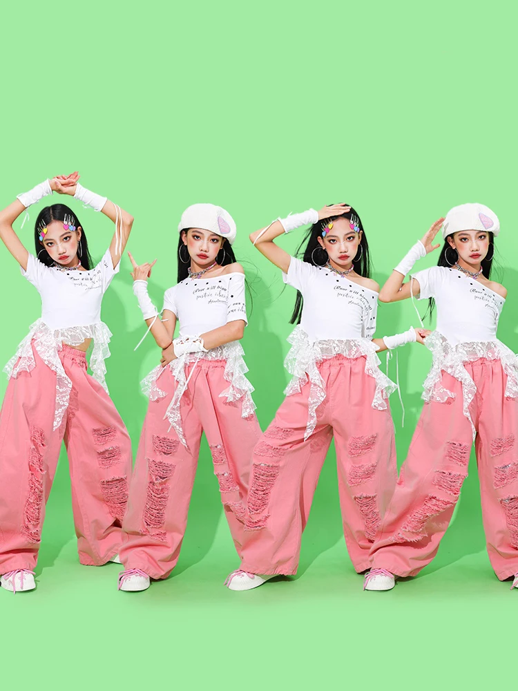 สาวแจ๊ส Hip Hop Dance เครื่องแต่งกายเสื้อลูกไม้สีขาวกางเกงสีชมพู Street Dance ชุดแขนสั้นประสิทธิภาพเสื้อผ้าชุด BL16720