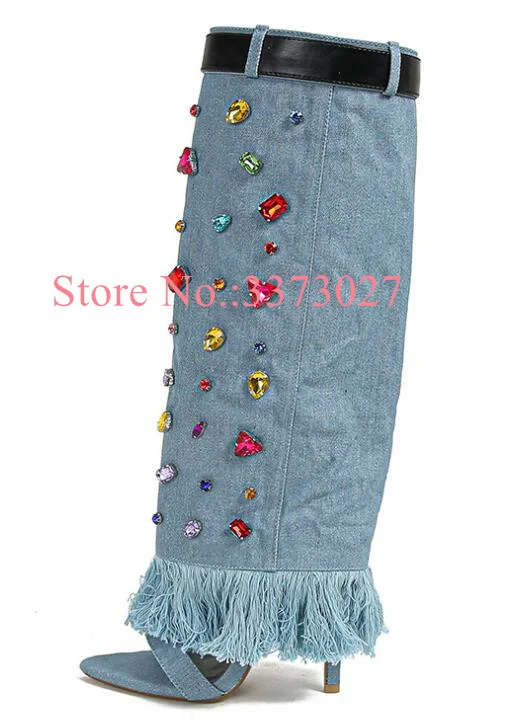 Crystal Decor Denim Lady Long Boots Sexy Fringe Pointed Toe Woman Knee High Boots Fashion Thin Heel Jean Sandals Boots