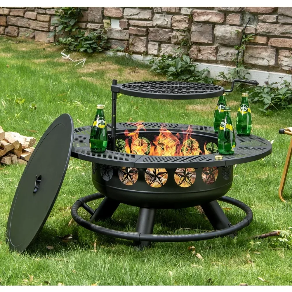 36 Inch Fire Pit with Cooking Grill,Outdoor Wood Burning BBQ Firepit with Lid, 3-in-1 Outdoor Fire Pit for Backyard Deck Bonfire