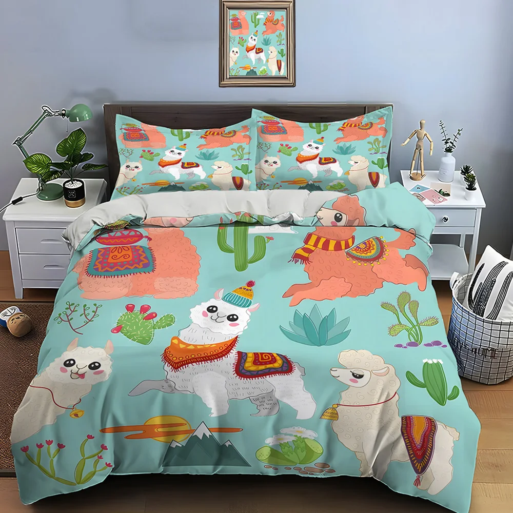 Cute Alpacas Cacti Illustration Bedding Set for Kids Luxury Gift 3pcs Digital Print Comforter Set Soft Comfortable Breathable