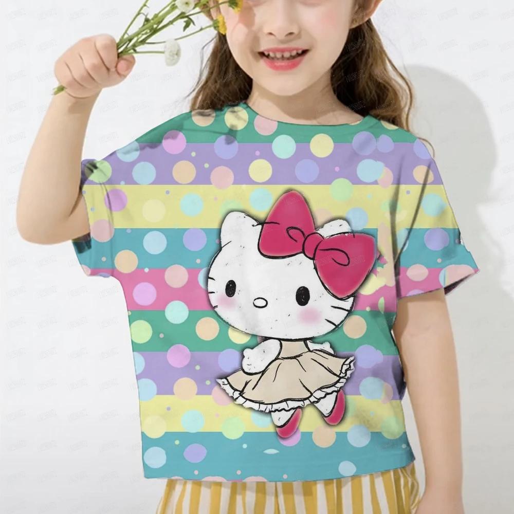 Hello Kitty Clothes Children Birthday T Shirt Print Kawaii Kuromi Cartoon Boy Girl Short-Sleeve Tops Baby Tee Clothing Birthday