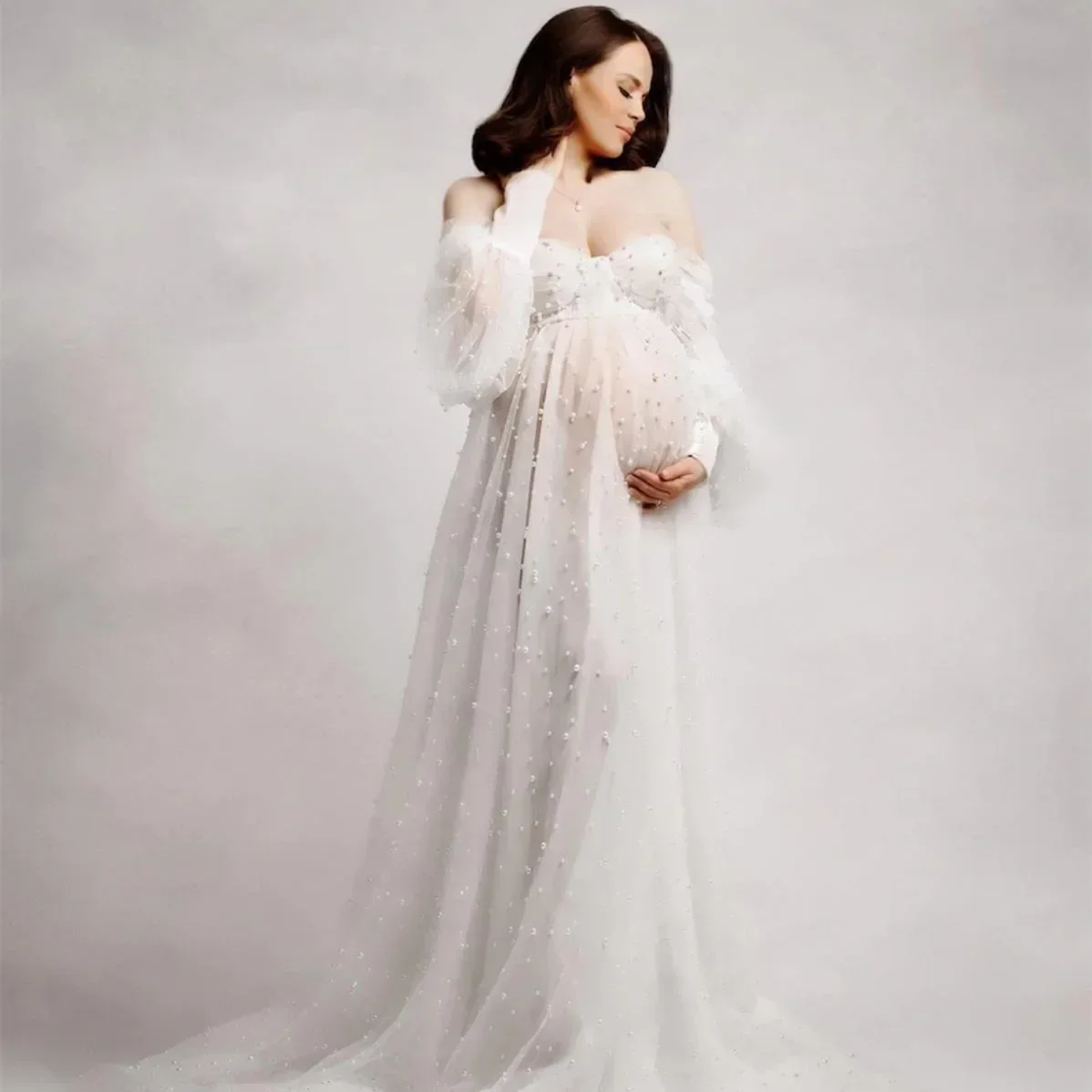 2024 Maternity Photography Props Dress Transparent Tulle Pearl Pregnancy Dress Sexy Clothes for Pregnant Women