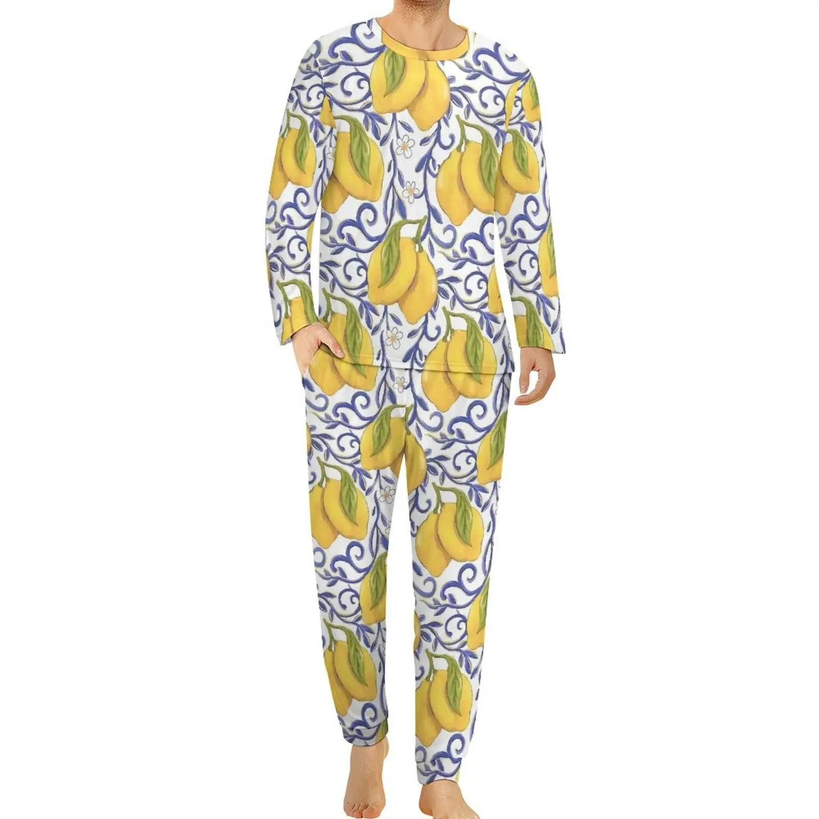 

Lemon -Painted Tile Style Citrus Pajamas Spring Sleep Nightwear Men Two Piece Pattern Long-Sleeve Lovely Oversized Pajama Sets