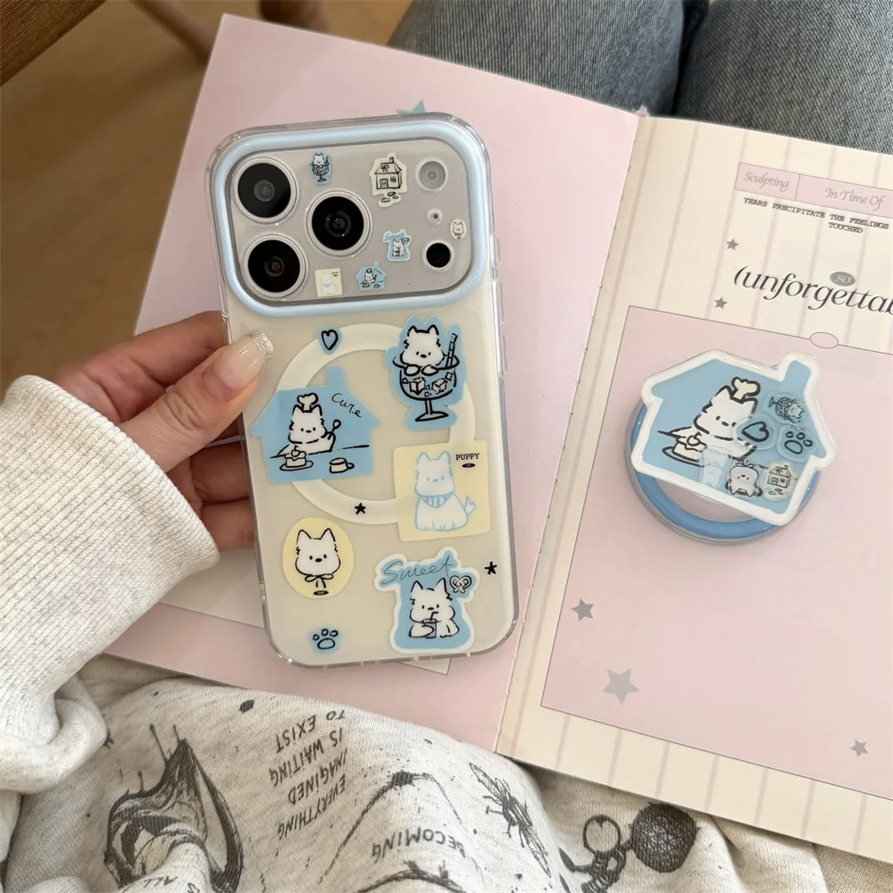 Cute Puppy Magnetic Phone Case For iPhone 15 16 17 18 Pro Max 360°Rotatable Ring Stand Cartoon Shockproof Protective Cover