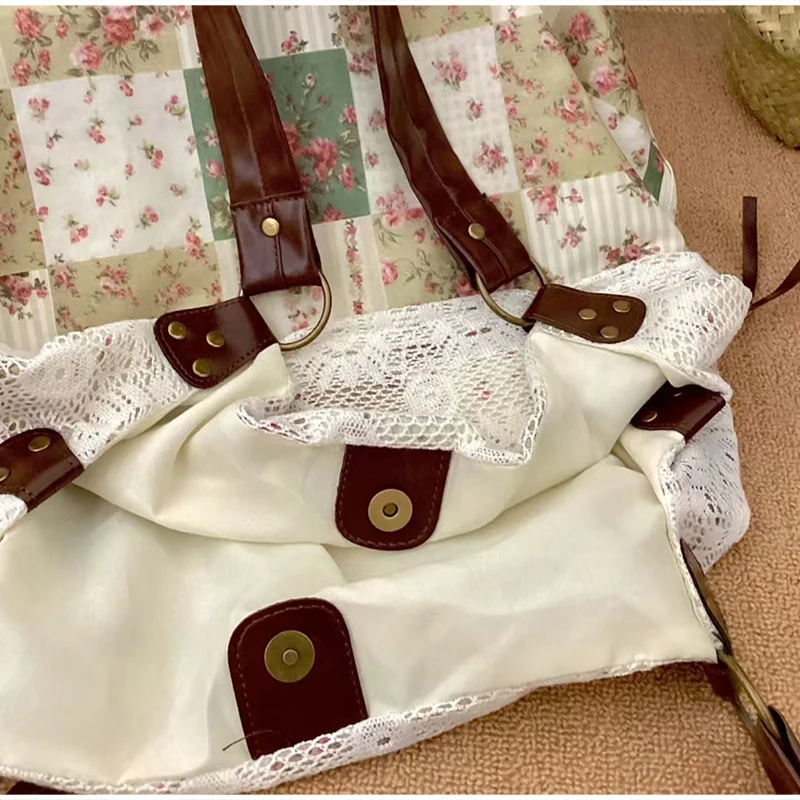 Böhmische Umhängetasche, Mori Girl Fairycore Damen Ditsy Floral Patchwork Handtasche mit Spitzenbesatz, Vintage Reise-Pendler-Einkaufstasche – Detail 10