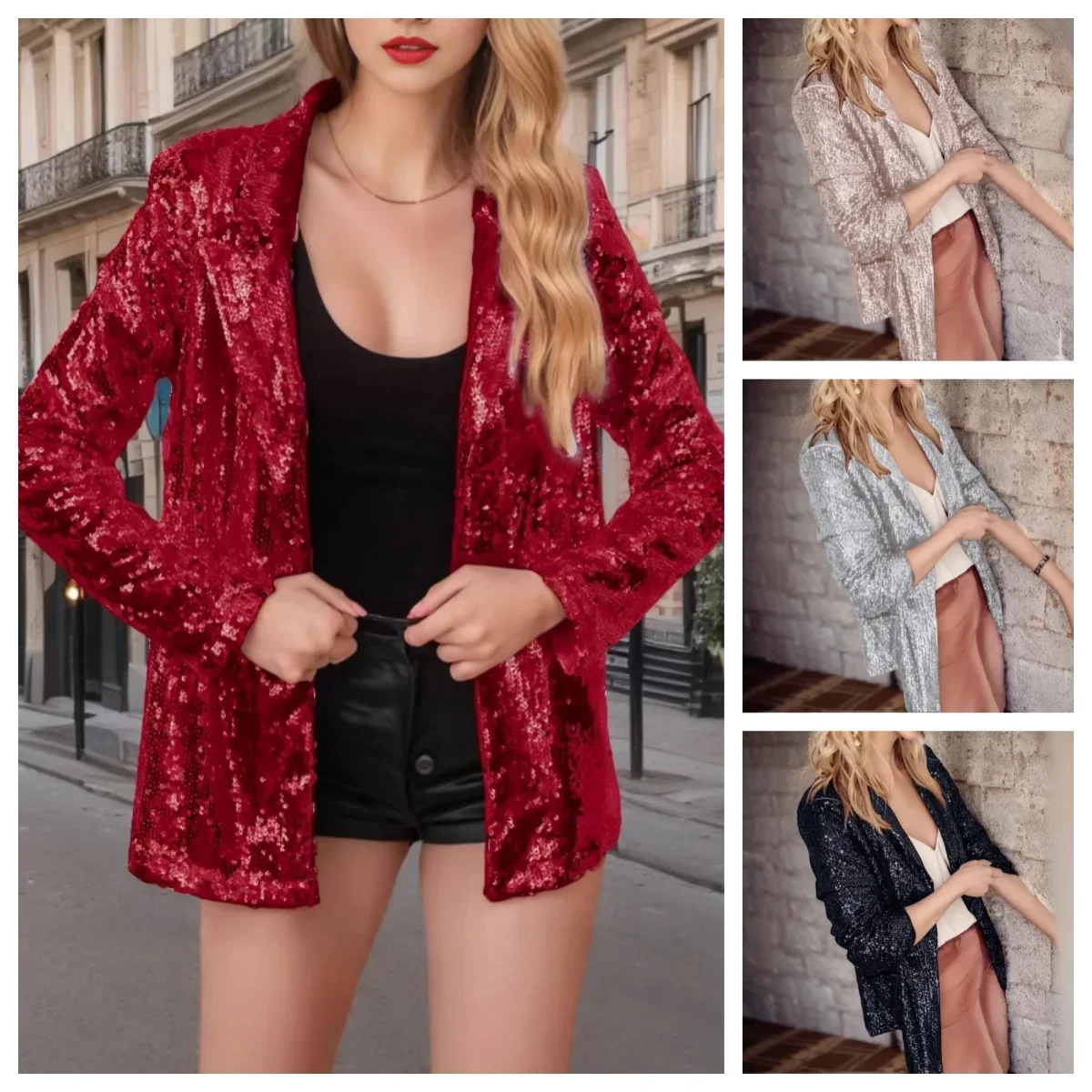 

New Fashion Sequins Blazers Women's Suit Jacket Casual Long Sleeve Glitter Suits Party Wear Shiny Lapel Coat Rave Outerwear