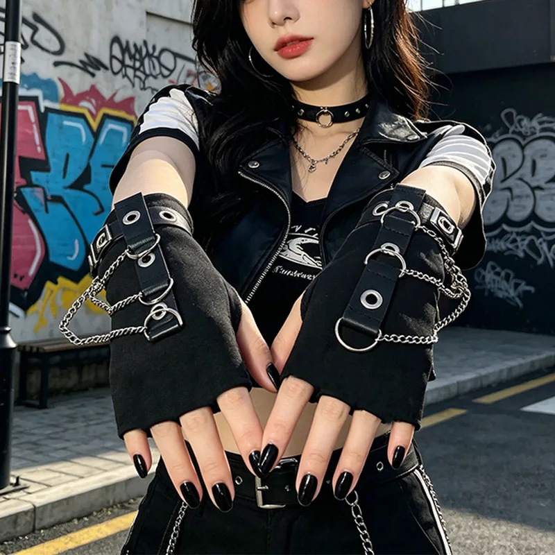 Punk mittens ladies chain black short hand sleeves street babes dancing accessories