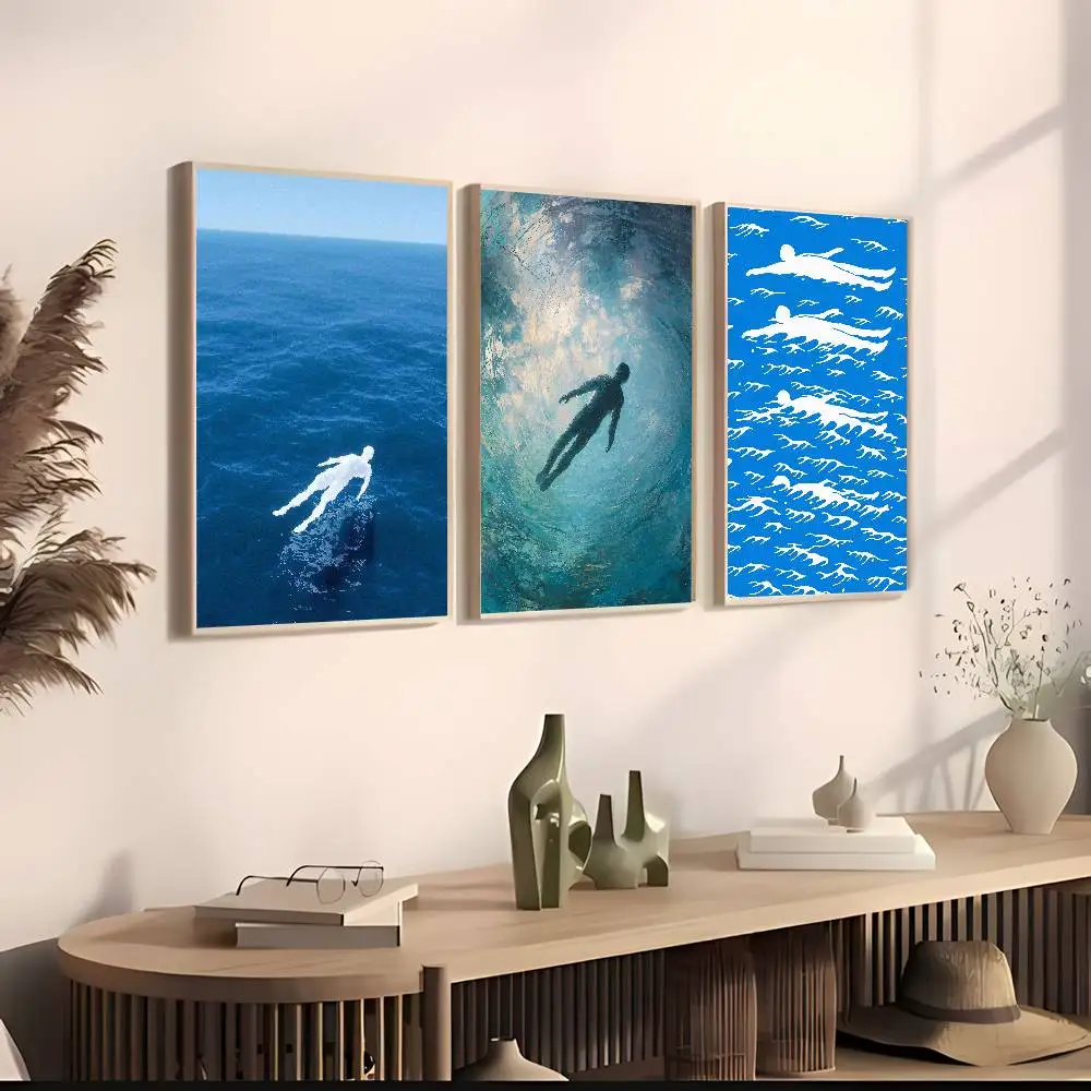 Deep Ocean Back view of a person Silhouette Poster, Underwater Blue Sea Swimming Figure Print