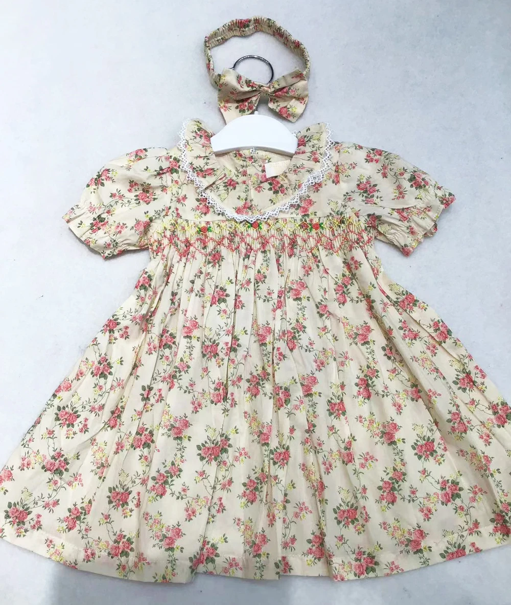 Infant Baby Girls Floral Smocked Dress 2024 Summer 1 2 3 Years Toddler Kids Vintage Embroidery Dresses With Headband