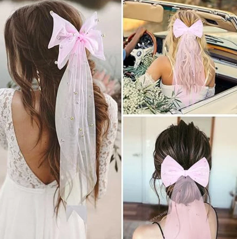 Forcine per capelli da sposa accessori per capelli da sposa elegante fermaglio per capelli con fiocco di perle a rete lunga per donna bridmaid veli con fiocco in rete bianca