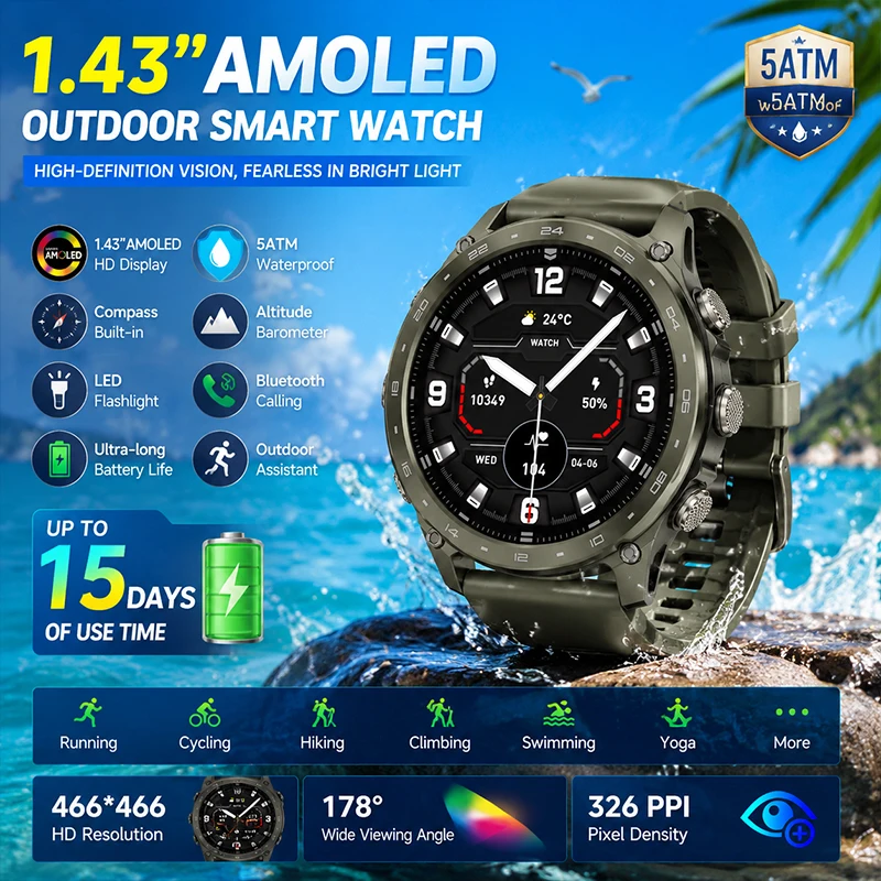

New Bluetooth Call Smart Watch 5ATM Waterproof 1.43AMOLED Screen LED Flashlight Smart Voice Assistant Sports Mode Smart Watch