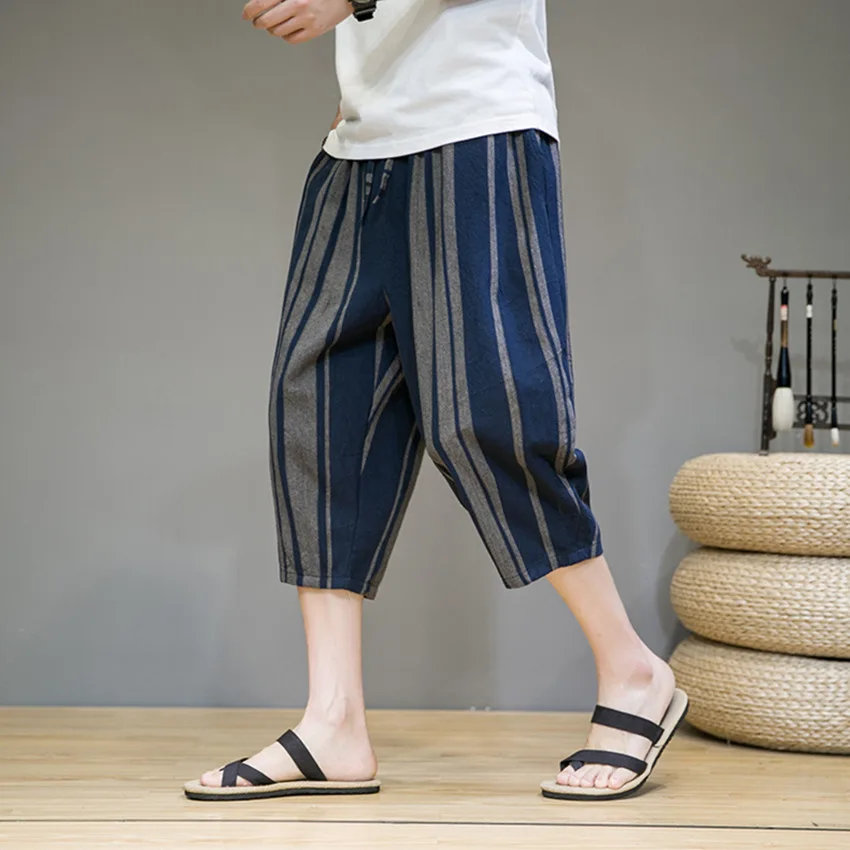 

Летние тонкие хлопковые льняные мужские брюки свободного кроя с прямыми штанинами, повседневные шорты, молодежные спортивные брюки 7/8, в стиле Харадзюку