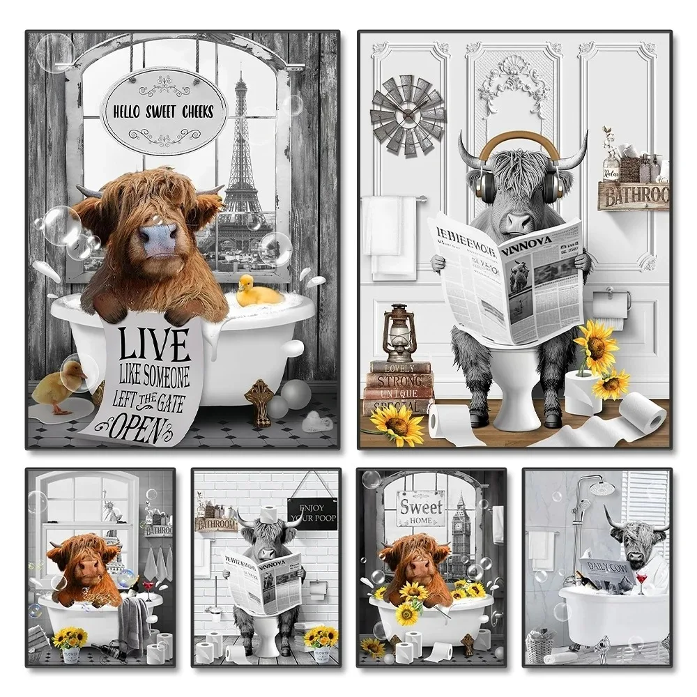 Cute Baby Highland Cow in The Bathtub Poster Prints Funny Music Animal Wall Art Bathroom Tolit Canvas Painting for Home Decor