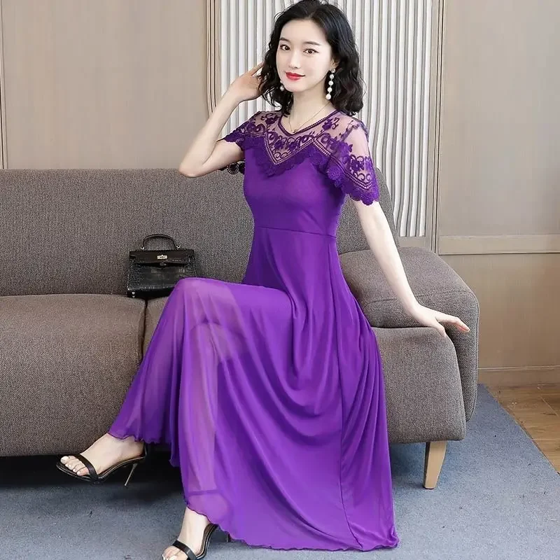 

Mesh Dress Women's Summer Short-Sleeved over-the-Knee Expandable Long Lace Dress Woman Dress Vestido De Mujer Femme Robe