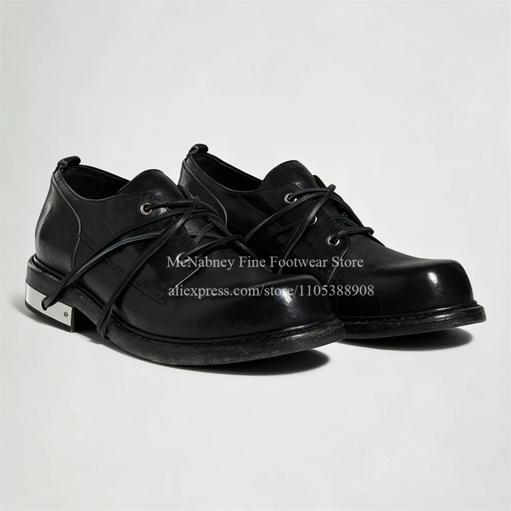 Leather Cross Strap Metallic Heel Plate Derby Shoes Men Rount Toe Lace up Chunky Sole Fashion Daily Casual Dress Shoes Plus Size