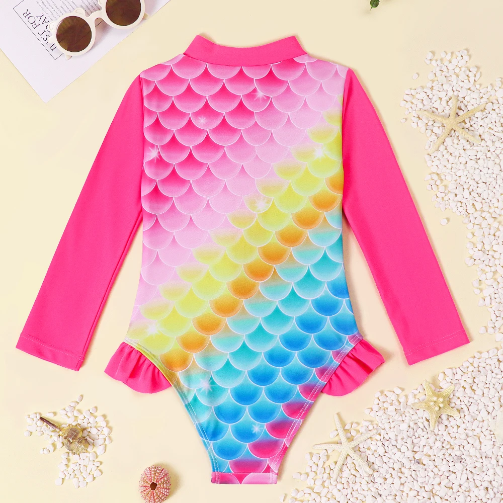 Girls Long Sleeve Swimwear One Piece Swimsuits Kids Striped Rainbow Bathing Suit Hawaiian Beach Swim Shirts for Surfing
